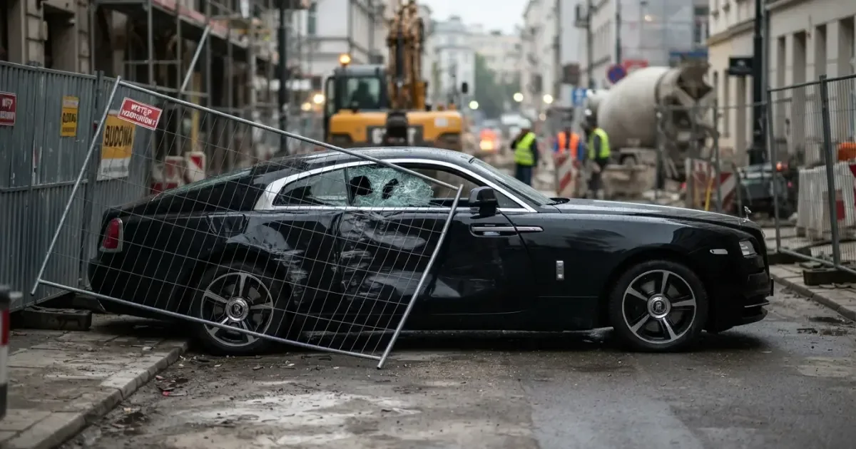 Uszkodzony Rolls-Royce przez ogrodzenie na placu budowy w Poznaniu